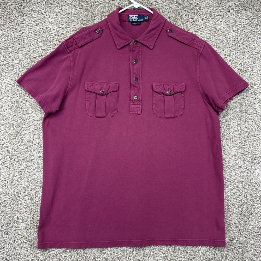 Vtg Polo Ralph Lauren Polo Shirt Men's XL Plum Military Epaulettes Custom Fit